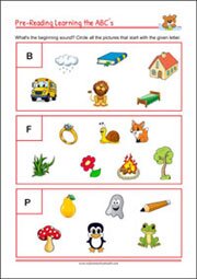 Initial Sounds Pre-Reading worksheet for kindergarten and 1st grade