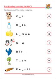 Missing letters Pre-Reading worksheet for  kindergarten and 1st grade