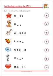 Missing letters Pre-Reading worksheet for kindergarten and 1st grade